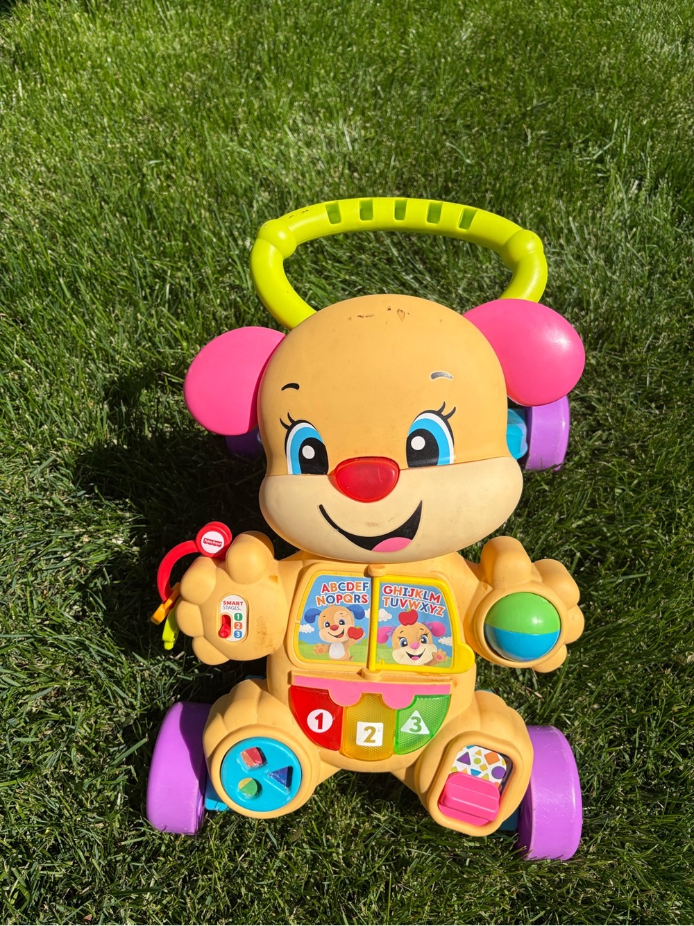 Fisher-Price Yellow Puppy Push Walker with Pink Ears and Purple Wheels